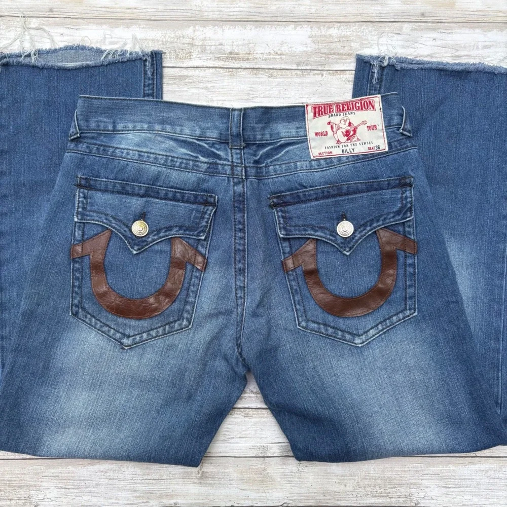 Y2K True Religion Billy Jeans 36‎ Blue Leather Horseshoe Faded Raw Hem Skater